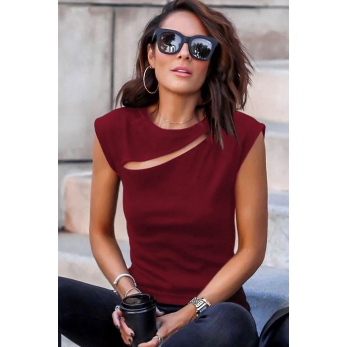 Kadın Sıfır Kol Pencere Detay Viskon Tshirt