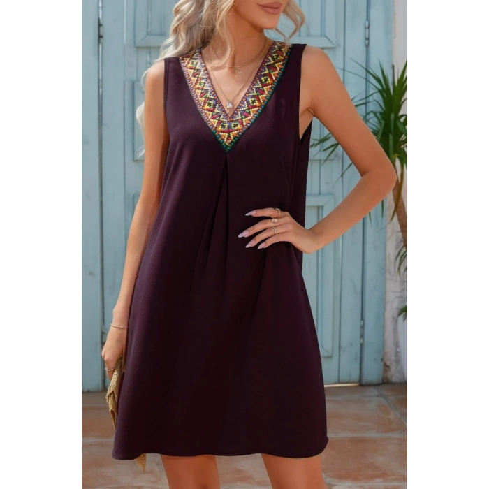 Kadın Sıfır Kol şerit Detaylı V Yaka Viskon Elbise