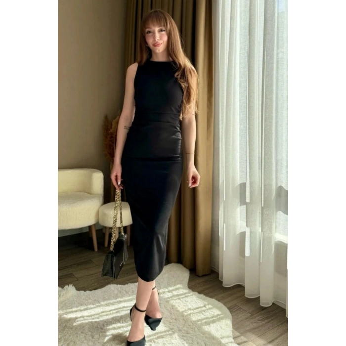 Kadın Sıfır Kol Sıfır Yaka Drape Detaylı Midi Janjan Krep Elbise