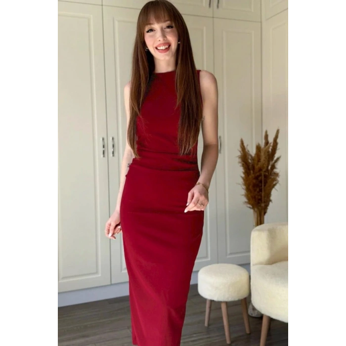 Kadın Sıfır Kol Sıfır Yaka Drape Detaylı Midi Janjan Krep Elbise