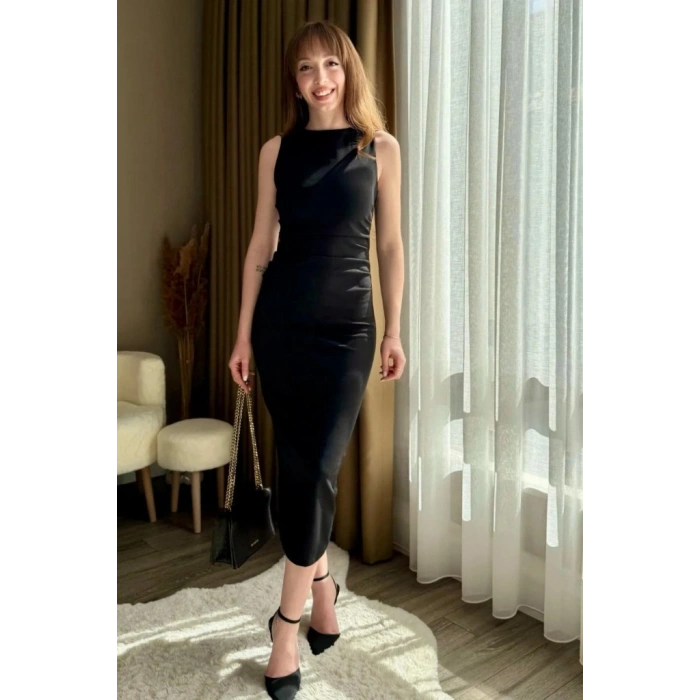 Kadın Sıfır Kol Sıfır Yaka Drape Detaylı Midi Janjan Krep Elbise