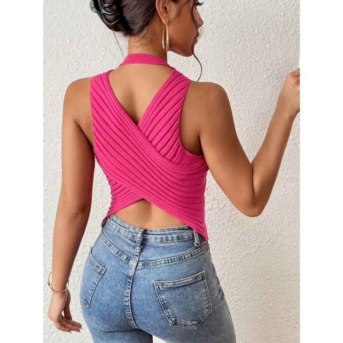 Kadın Sıfır Kol Sırt çapraz Detay Triko Bluz