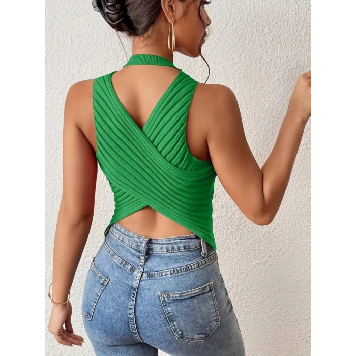 Kadın Sıfır Kol Sırt çapraz Detay Triko Bluz