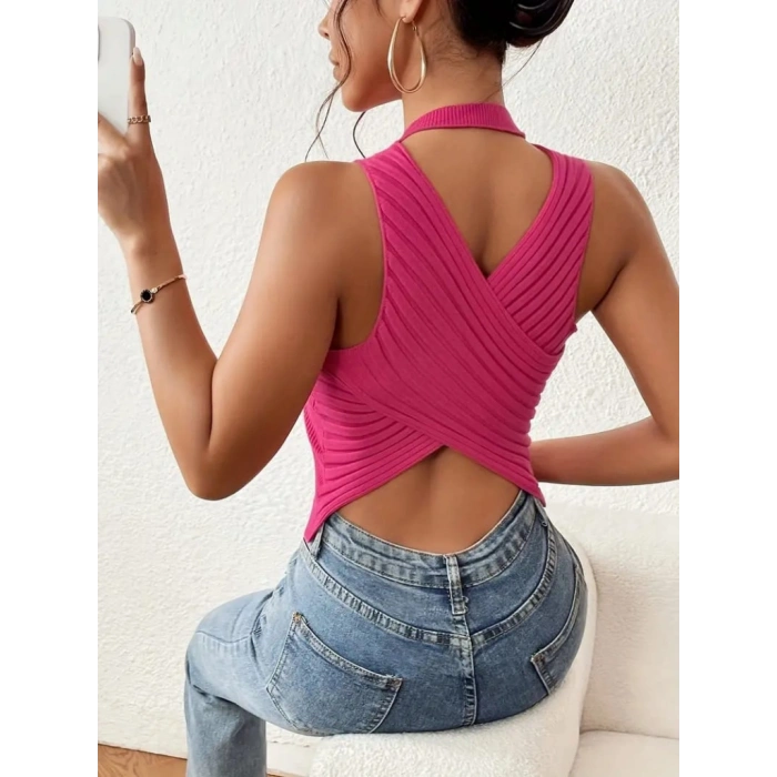 Kadın Sıfır Kol Sırt çapraz Detay Triko Bluz