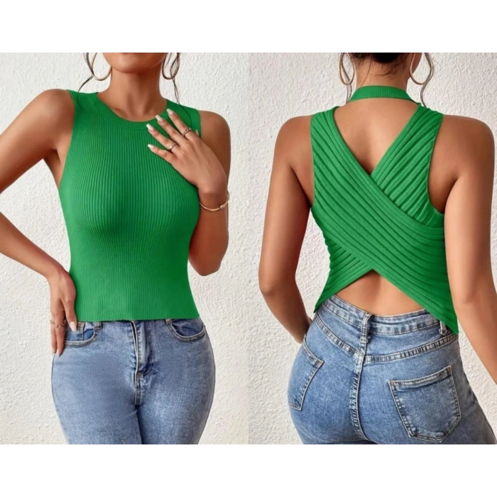 Kadın Sıfır Kol Sırt çapraz Detay Triko Bluz