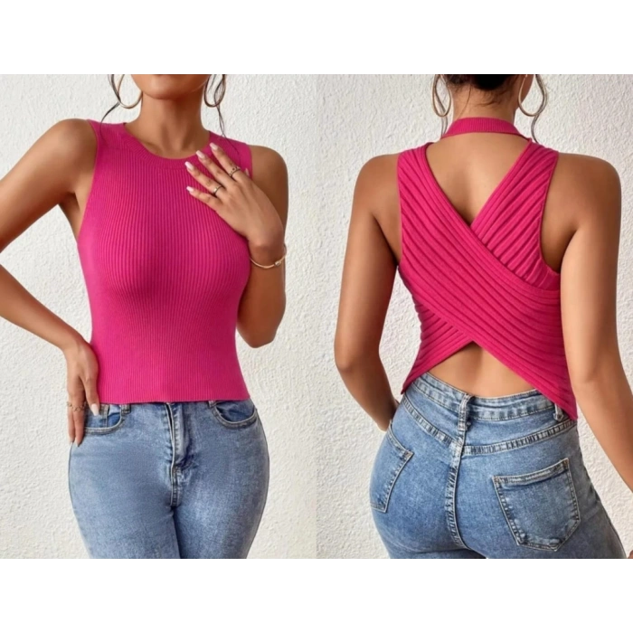 Kadın Sıfır Kol Sırt çapraz Detay Triko Bluz