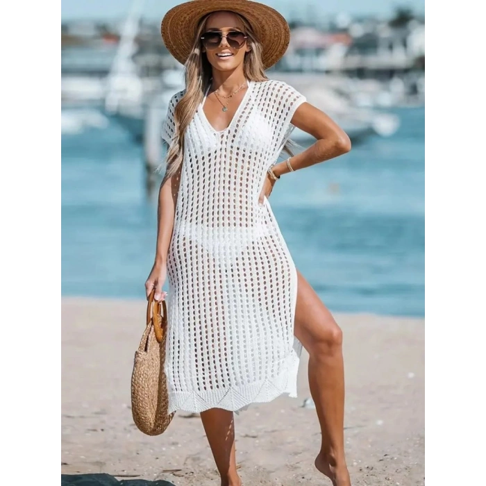 Kadın Sıfır Kol V Yaka Yanı Derin Yırtmaçlı Midi Boy Triko Elbise