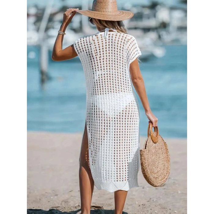 Kadın Sıfır Kol V Yaka Yanı Derin Yırtmaçlı Midi Boy Triko Elbise