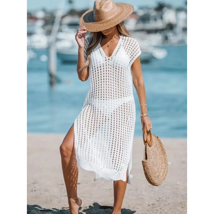 Kadın Sıfır Kol V Yaka Yanı Derin Yırtmaçlı Midi Boy Triko Elbise