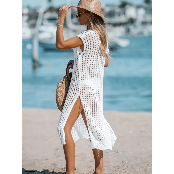 Kadın Sıfır Kol V Yaka Yanı Derin Yırtmaçlı Midi Boy Triko Elbise