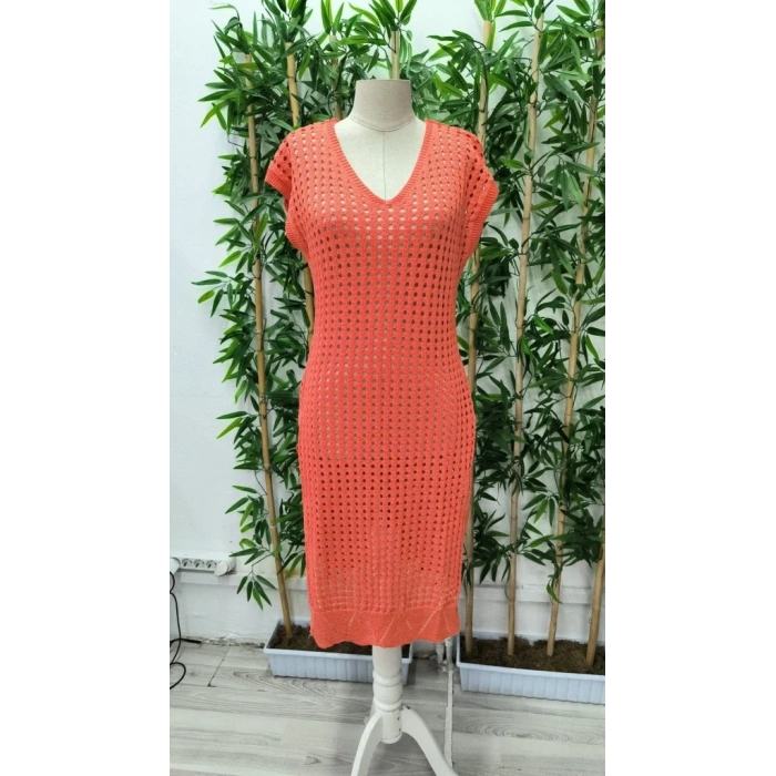 Kadın Sıfır Kol V Yaka Yanı Derin Yırtmaçlı Midi Boy Triko Elbise