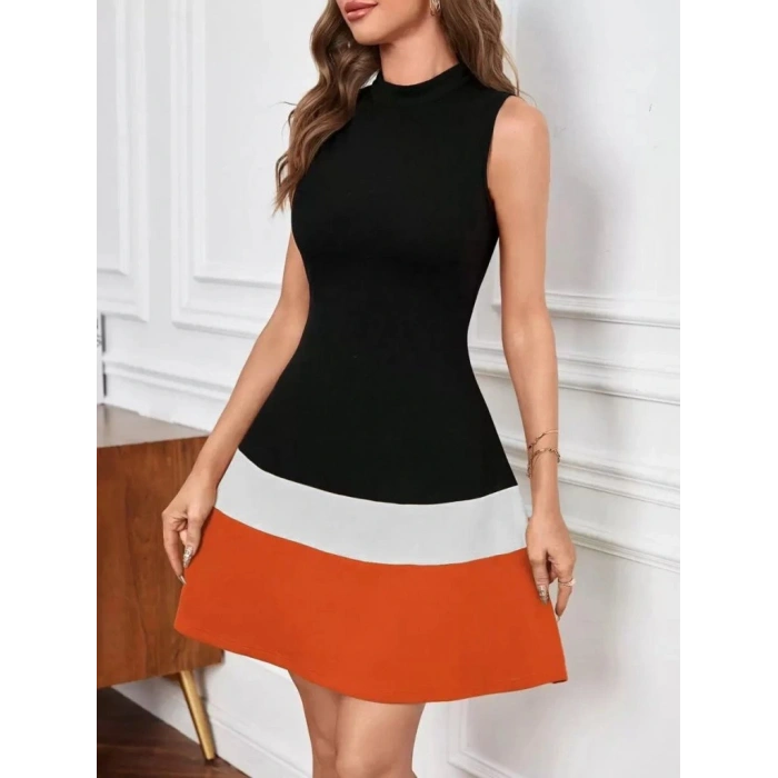 Kadın Sıfır Kol Yarı Balıkçı Yaka şerit Detaylı Ithal Krep Elbise