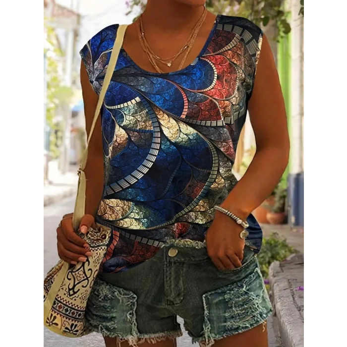 Kadın Sıfır Kol Yuvarlak Yaka Karışık Renkli Baskılı Süprem Bluz