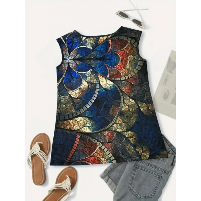 Kadın Sıfır Kol Yuvarlak Yaka Karışık Renkli Baskılı Süprem Bluz