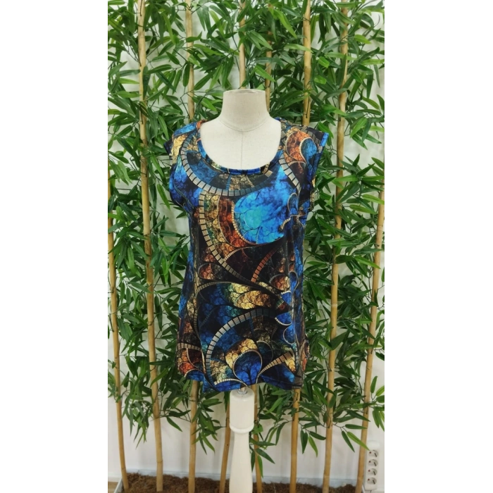 Kadın Sıfır Kol Yuvarlak Yaka Karışık Renkli Baskılı Süprem Bluz