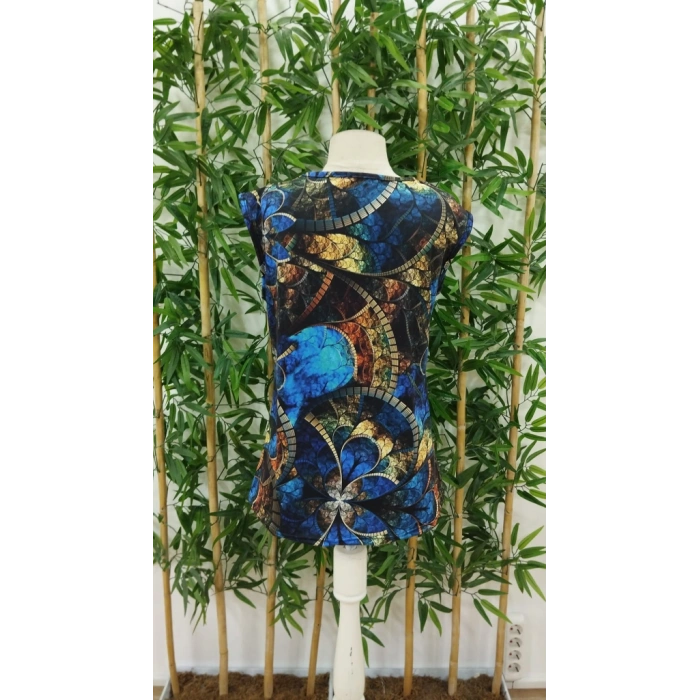 Kadın Sıfır Kol Yuvarlak Yaka Karışık Renkli Baskılı Süprem Bluz