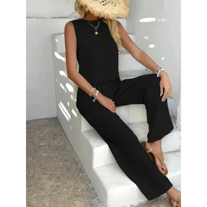 Kadın Sıfır Kollu Bisiklet Yaka Arkadan Bağlamalı Aer8bin Bluz Ve Pantolon Ikili Takım