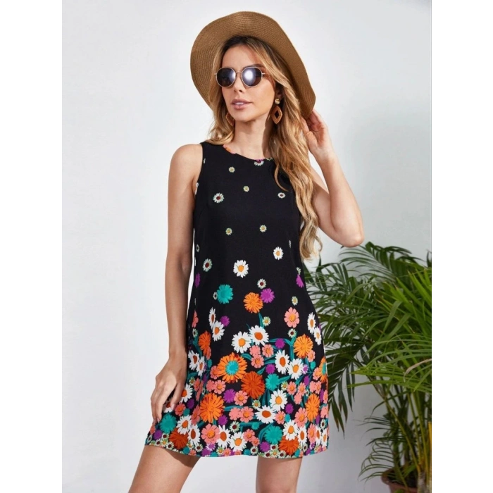 Kadın Sıfır Kollu Bisiklet Yaka çiçek Desenli Süprem Mini Elbise