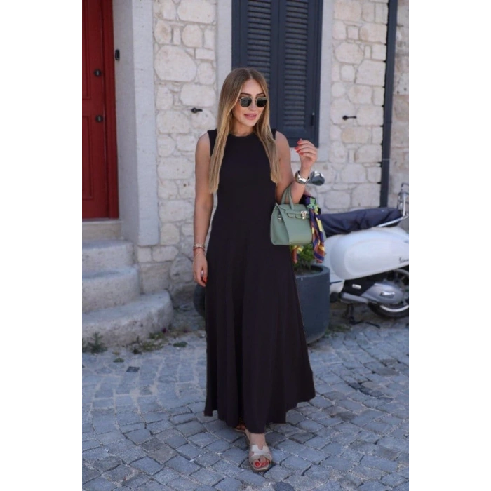 Kadın Sıfır Kollu Bisiklet Yaka Viskon Elbise