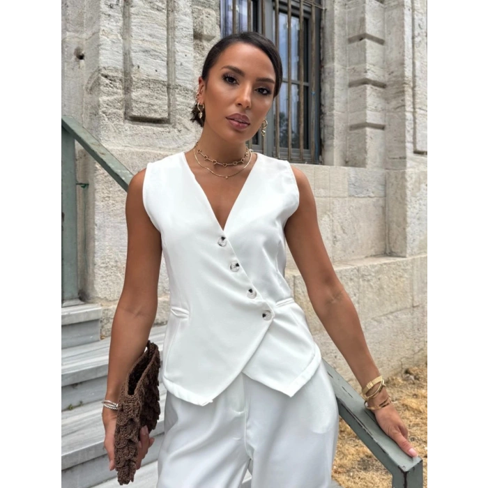 Kadın Sıfır Kollu çapraz V Yakalı önden Düğmeli Atlas Yelek Ve Pantolon Ikili Takım