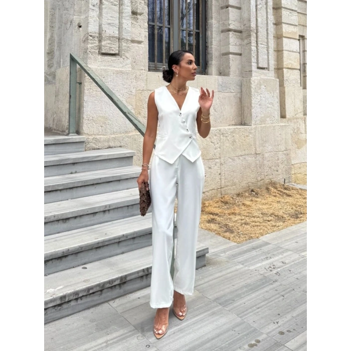 Kadın Sıfır Kollu çapraz V Yakalı önden Düğmeli Atlas Yelek Ve Pantolon Ikili Takım