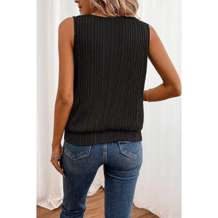 Kadın Sıfır Kollu Düğmeli Damla Yaka Detaylı Triko Bluz