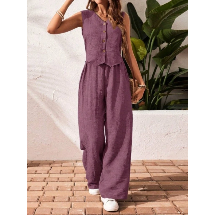 Kadın Sıfır Kollu Düğmeli Yelek Ve Pantolon Bürümcük Ikili Takım