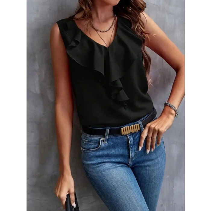 Kadın Sıfır Kollu V Yakalı Volanlı Ithal Krep Bluz