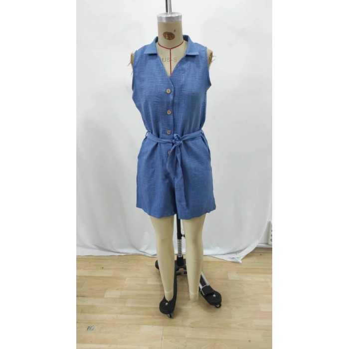 Kadın Sıfır Kollu Yakalı Düğmeli Belden Kuşaklı Kısa Keten Tulum