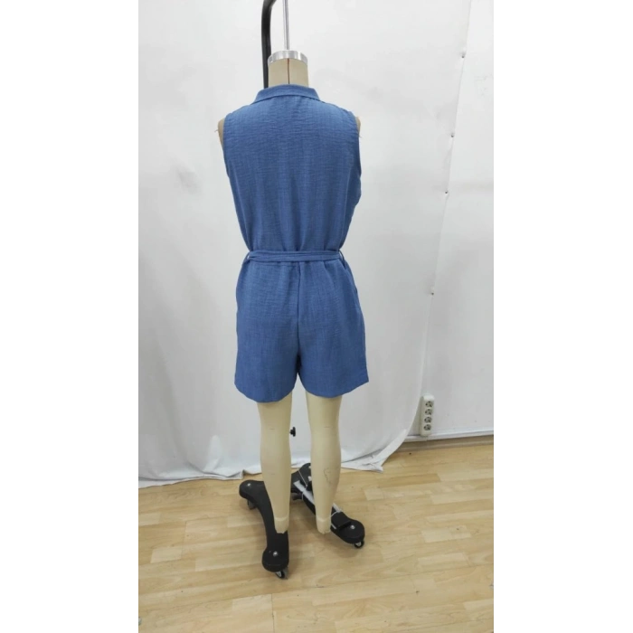 Kadın Sıfır Kollu Yakalı Düğmeli Belden Kuşaklı Kısa Keten Tulum