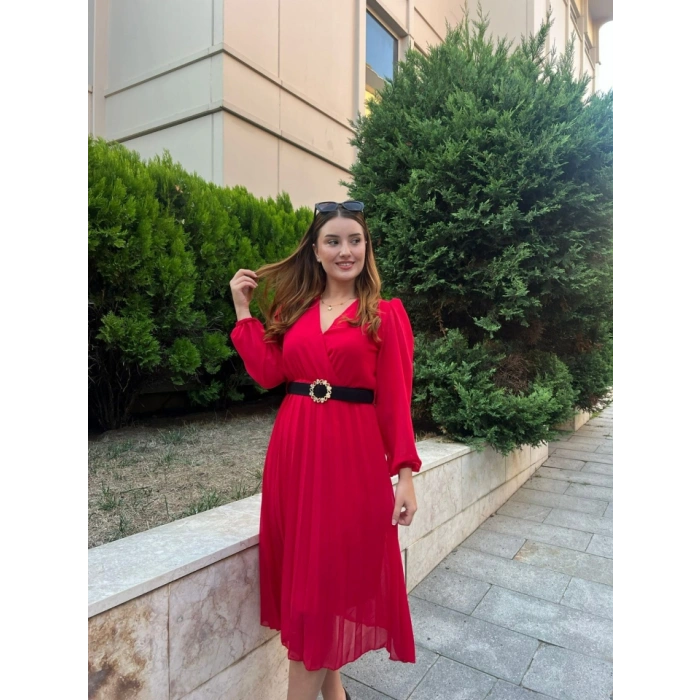 Kadın şifon Kumaş Astalı Kloş Kesim Kruvaze Yaka idi Boy Elbise