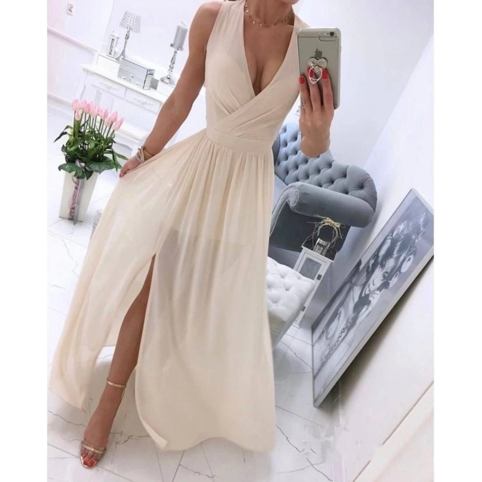 Kadın şifon Kumaş V Yaka Sıfır Kol Maxi Boy Elbise
