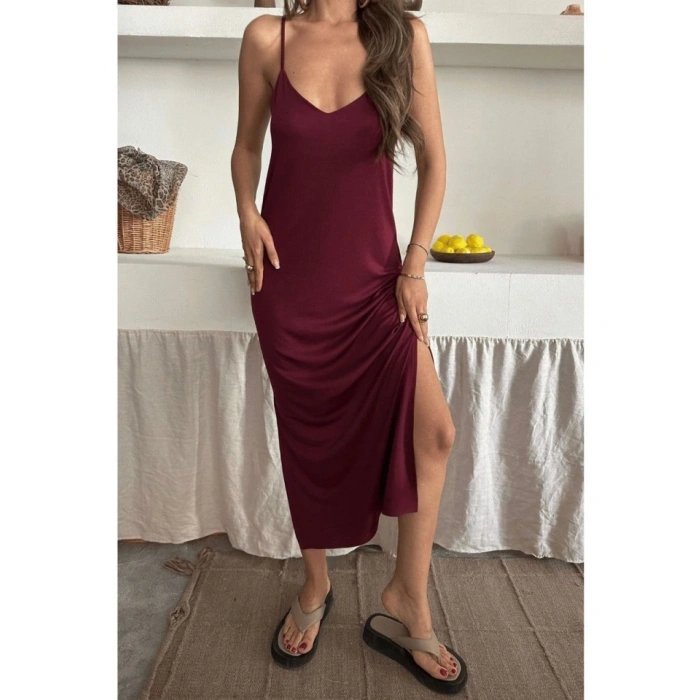 Kadın Siyah Asansör Askılı Çift Yırtmaçlı Helen Elbise