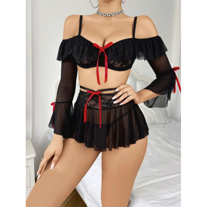 Kadın Siyah Etek Bustiyer Sexy Gecelik Takım 2157