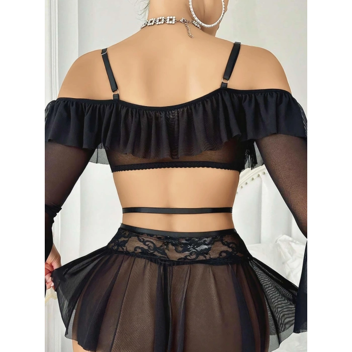 Kadın Siyah Etek Bustiyer Sexy Gecelik Takım 2157