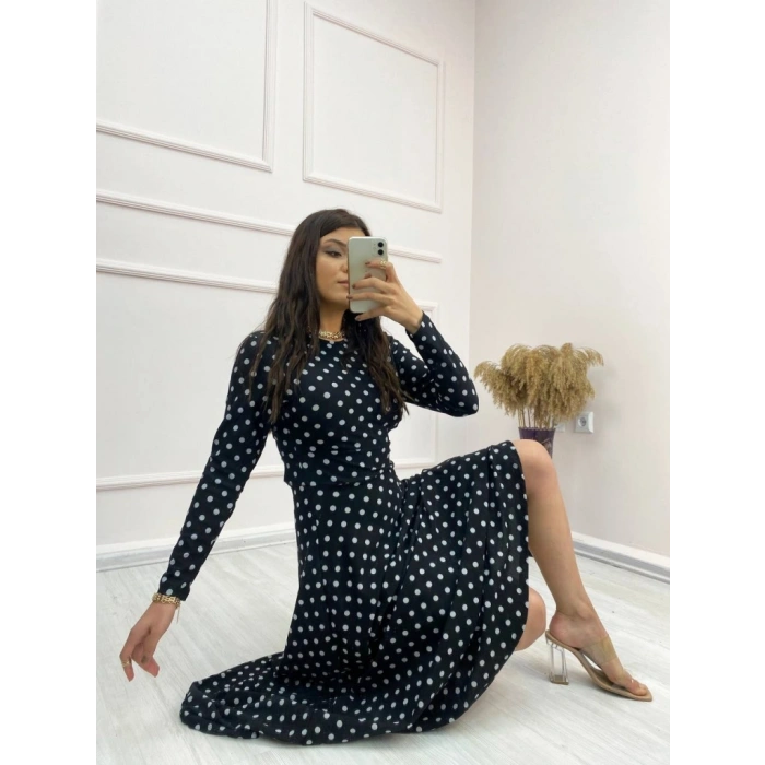 Kadın Siyah Tam Boy Beyaz Puantiyeli Elbise