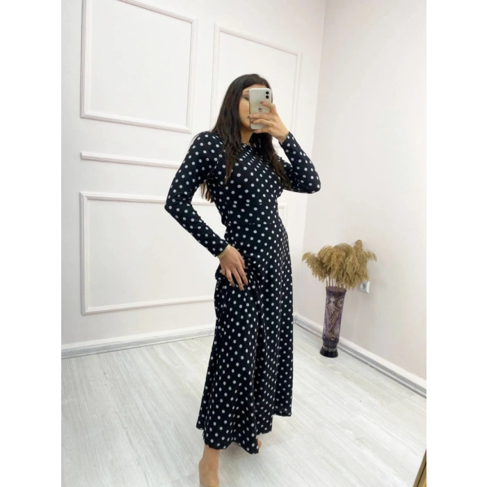 Kadın Siyah Tam Boy Beyaz Puantiyeli Elbise