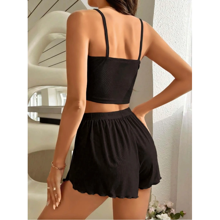 Kadın Siyah Yandan Yırtmaçlı Askılı Şortlu Pijama Takım 5041
