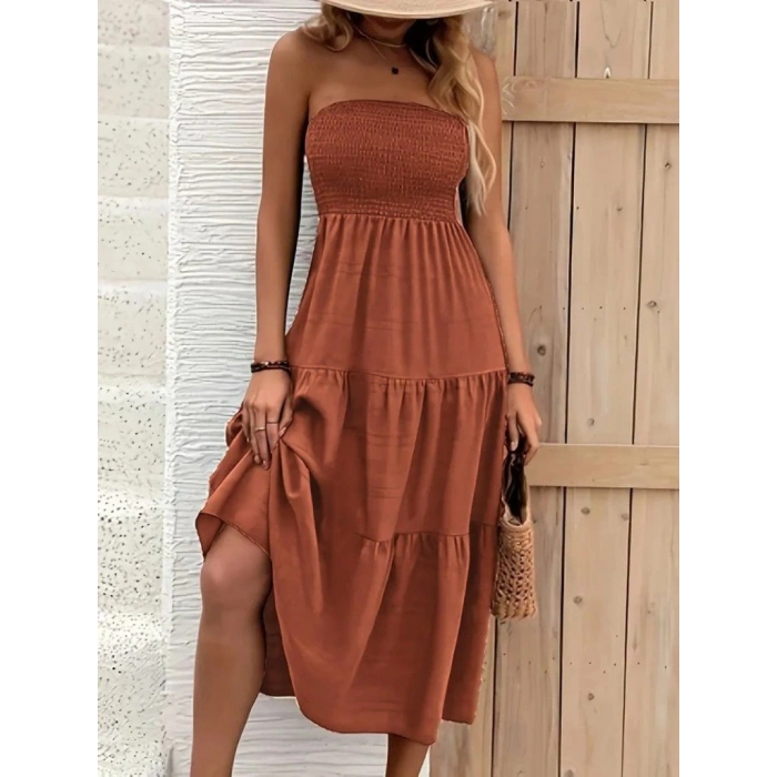 Kadın Straplez Göğüsten Lastikli Kloş Aerobin Uzun Elbise