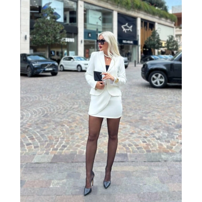 Kadın Tek Düğme Detaylı Ceket Mini Etek Ikili Takım