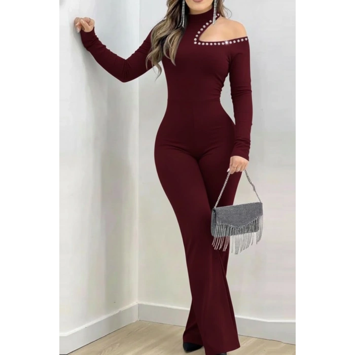 Kadın Tek Omuzdan Açık Balıkçı Yaka Taş Detaylı Uzun Ithal Krep Tulum