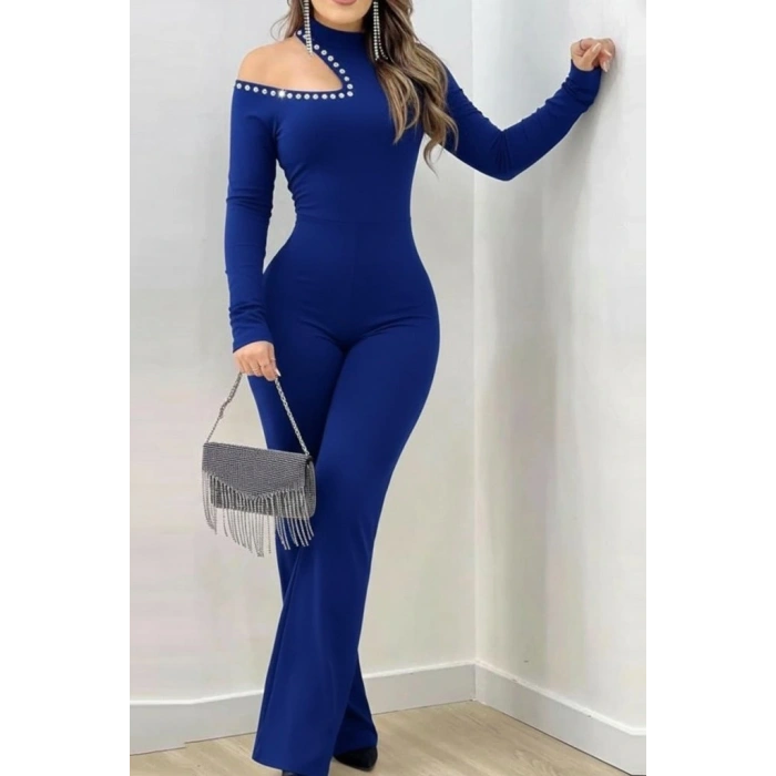 Kadın Tek Omuzdan Açık Balıkçı Yaka Taş Detaylı Uzun Ithal Krep Tulum