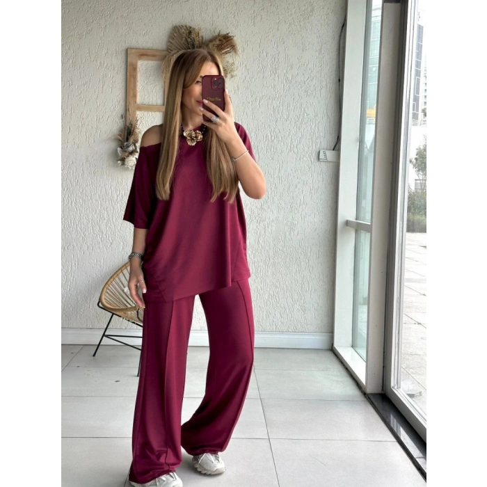 Kadın Tek Omuzdan Açık Geniş Kesim Viskon Iki Iplik Bluz Ve Pantolon Ikili Takım