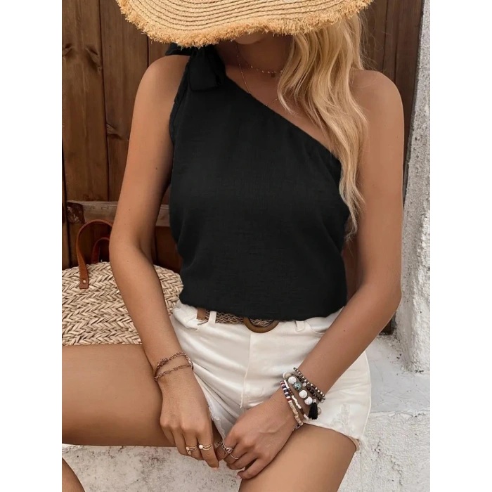 Kadın Tek Omuzdan Askılı Bağcıklı Keten Bluz