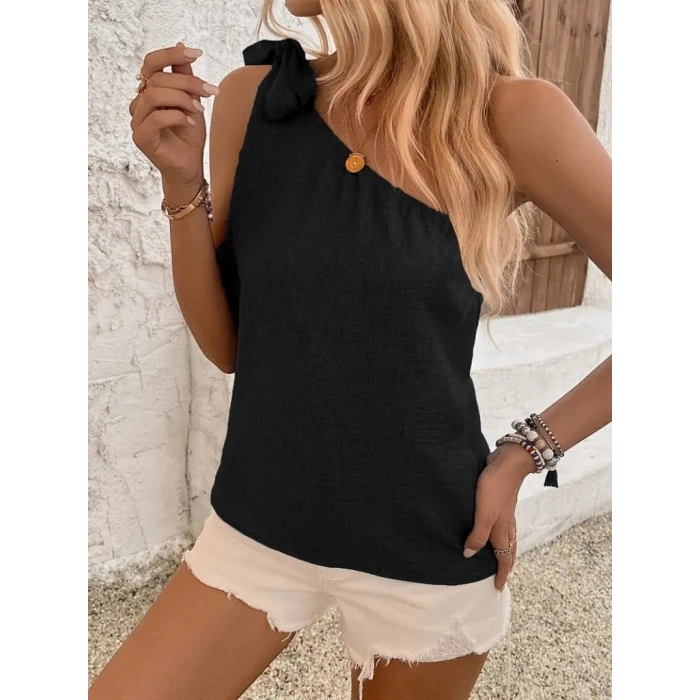 Kadın Tek Omuzdan Askılı Bağcıklı Keten Bluz