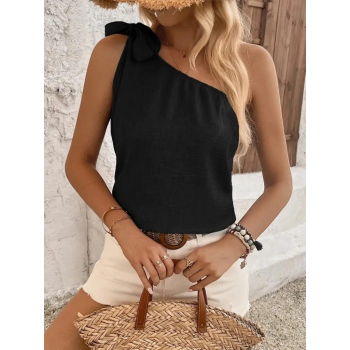 Kadın Tek Omuzdan Askılı Bağcıklı Keten Bluz