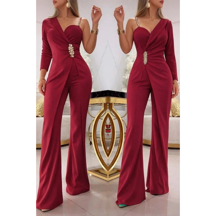 Kadın Tek Omuzdan Askılı Uzun Kollu Yakalı Yandan çiçek Aksesuar Detaylı Ithal Krep Tulum