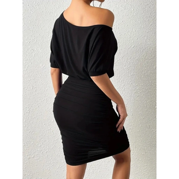 Kadın Tek Omuzu Açık Büzgülü Kısa Sandy Elbise