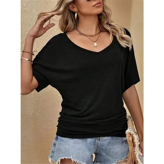 Kadın Tek Omuzu Açık Kısa Kollu Salaş Viskon Bluz