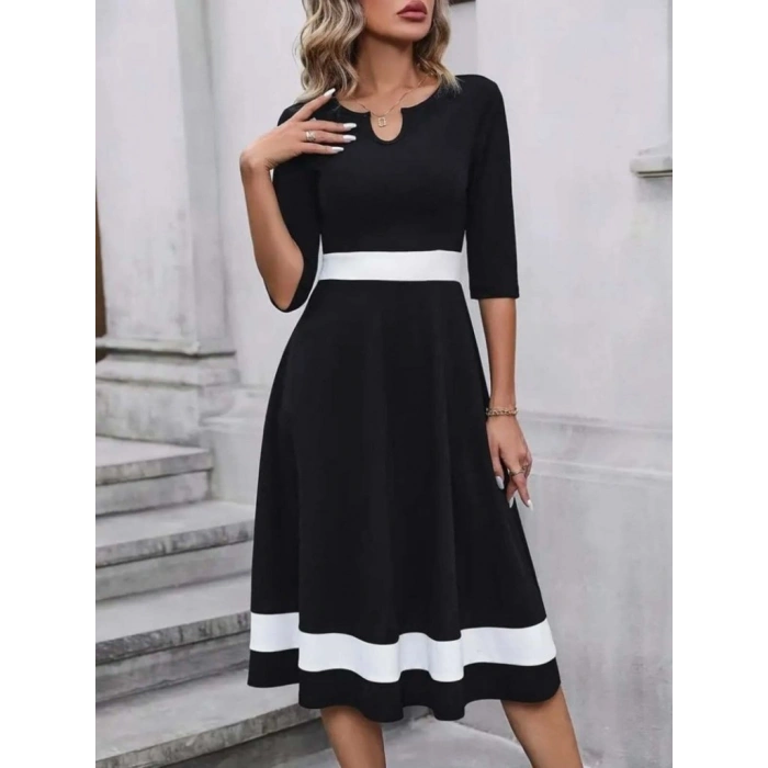 Kadın Truvakar Kol V Yakalı Janjan Krep Midi Elbise